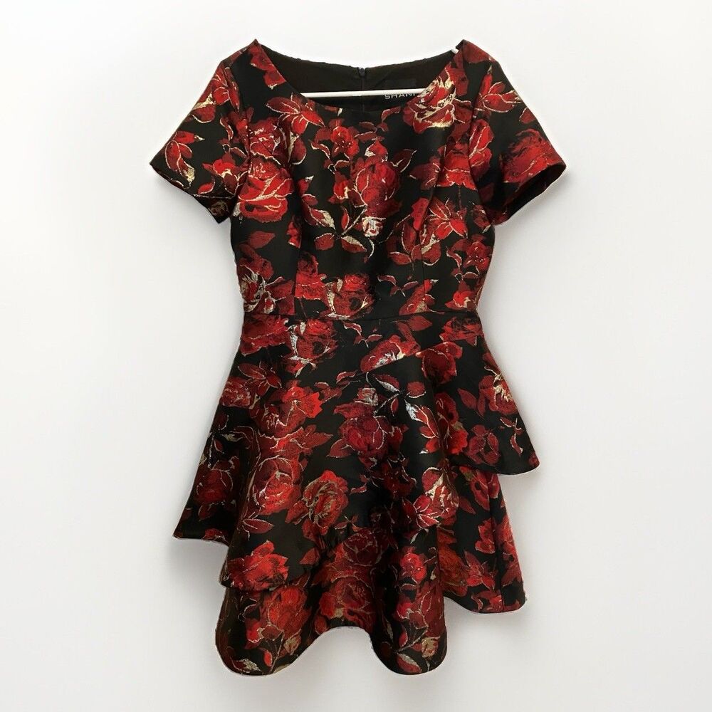 Shani Dress black red metallic floral size 6 ruffled Special Occasion  Party